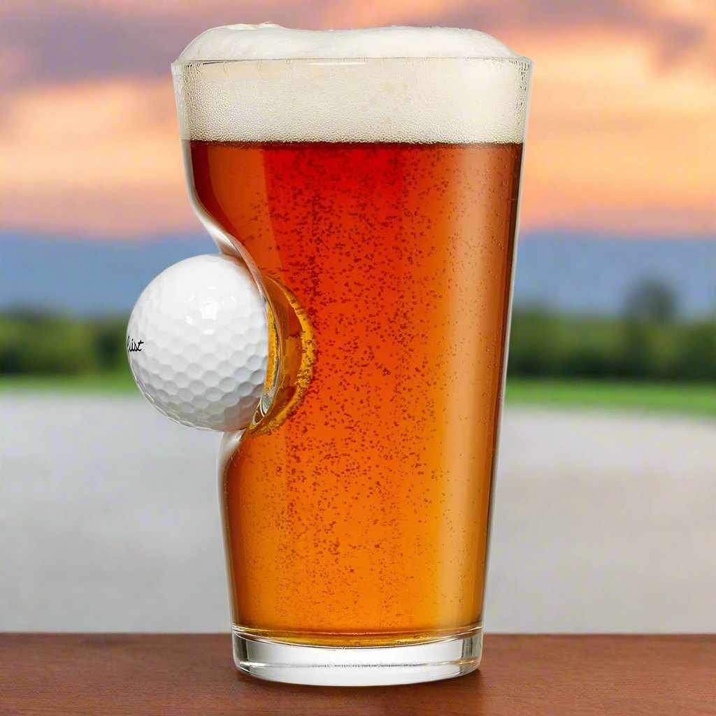 Golf Ball on Pint Glass Side view