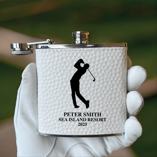 Personalized white golf flask with golfer silhouette and custom name, perfect golf outing gift
