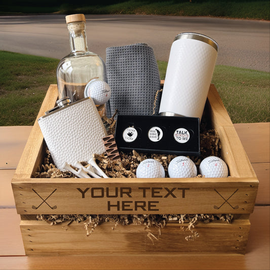 Personalized Ultimate Golf Gift Basket with golf accessories, tumbler, flask, and decanter in custom wooden crate