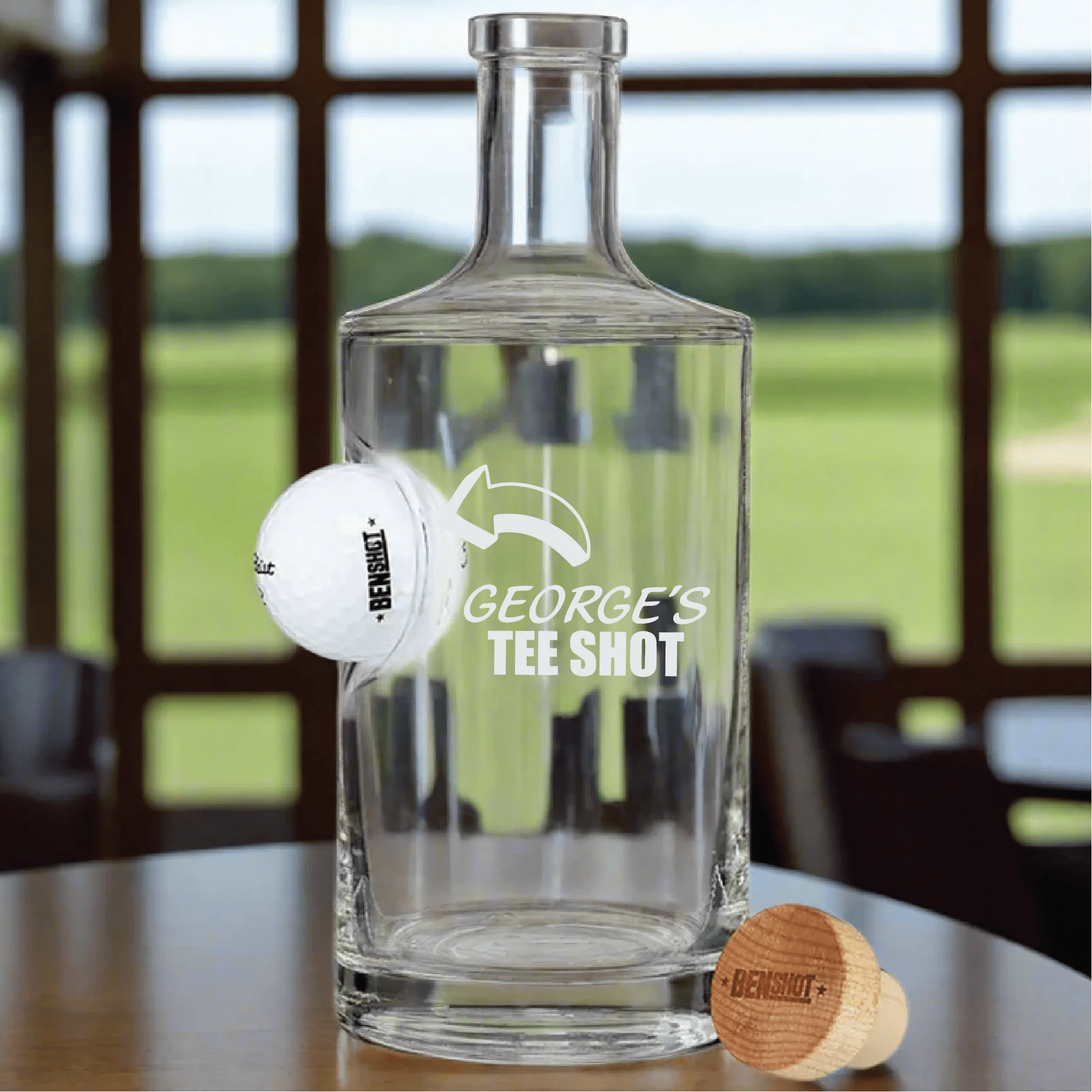 Golf decanter with embedded golf ball, perfect for whiskey and bourbon lovers who enjoy golf-themed gifts.