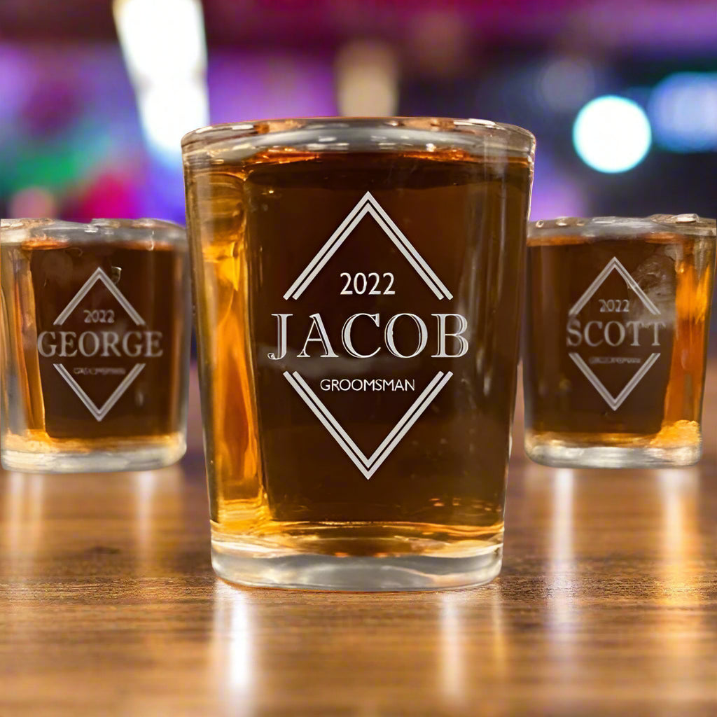 Custom Engraved Groomsman Shot Glass Groovy Laser Diamond design Date Name