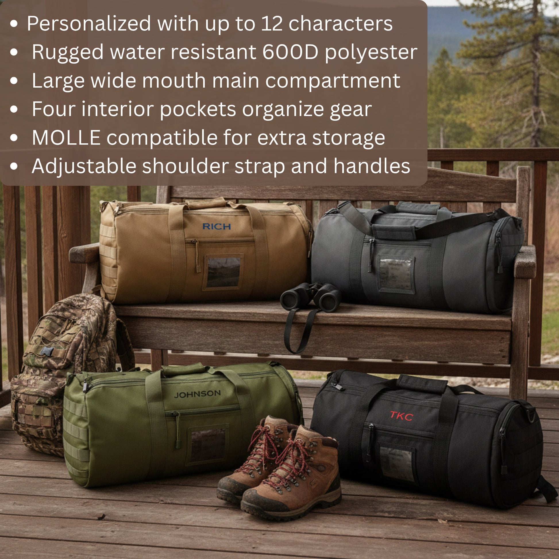 Four personalized tactical duffle bags in tan, black, and olive displayed on wooden deck with hiking boots and binoculars, sample names engraved on each bag.