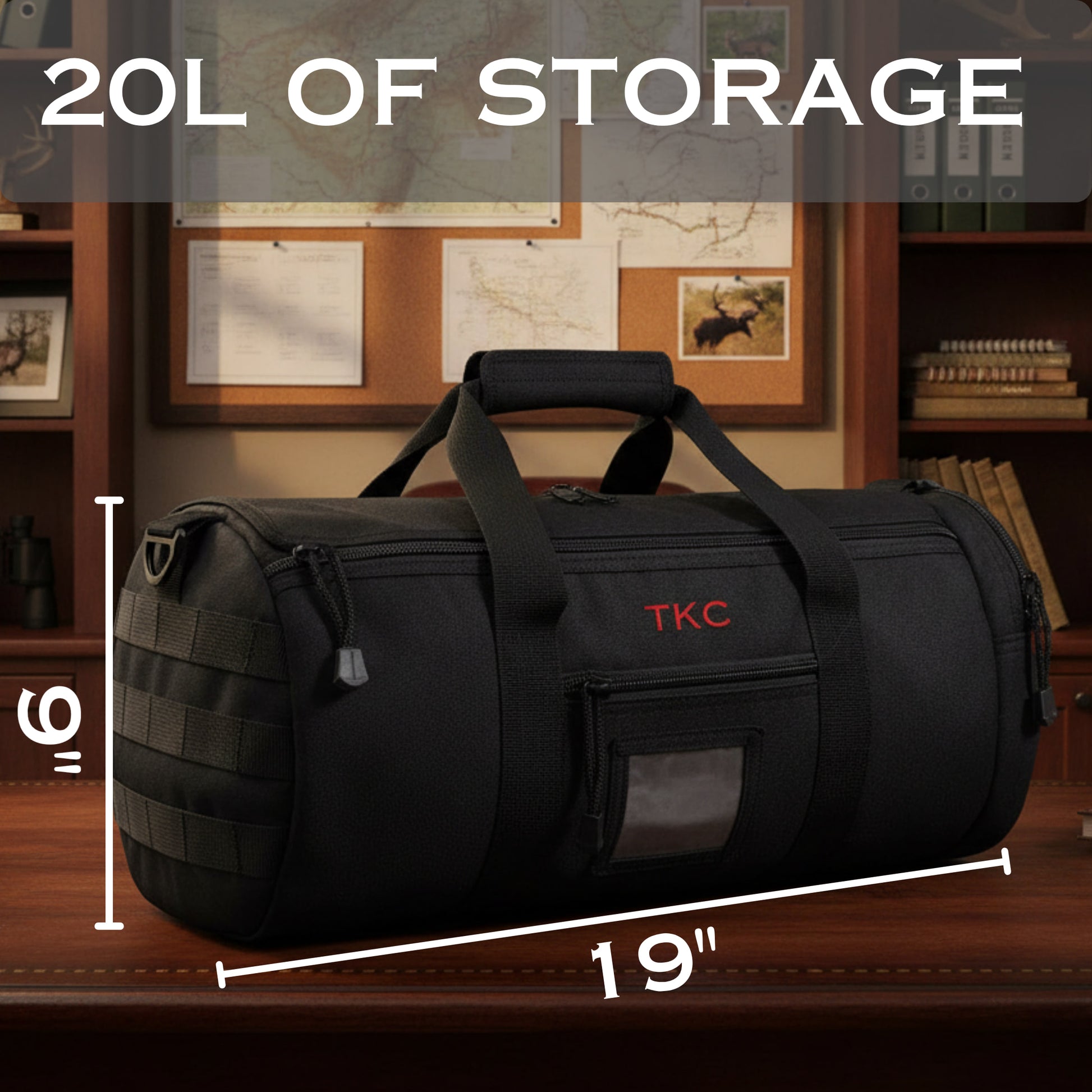 Black tactical duffle bag with sample "TKC" monogram, 19 inches wide and 16 inches tall, showing 20L storage capacity on wooden desk.