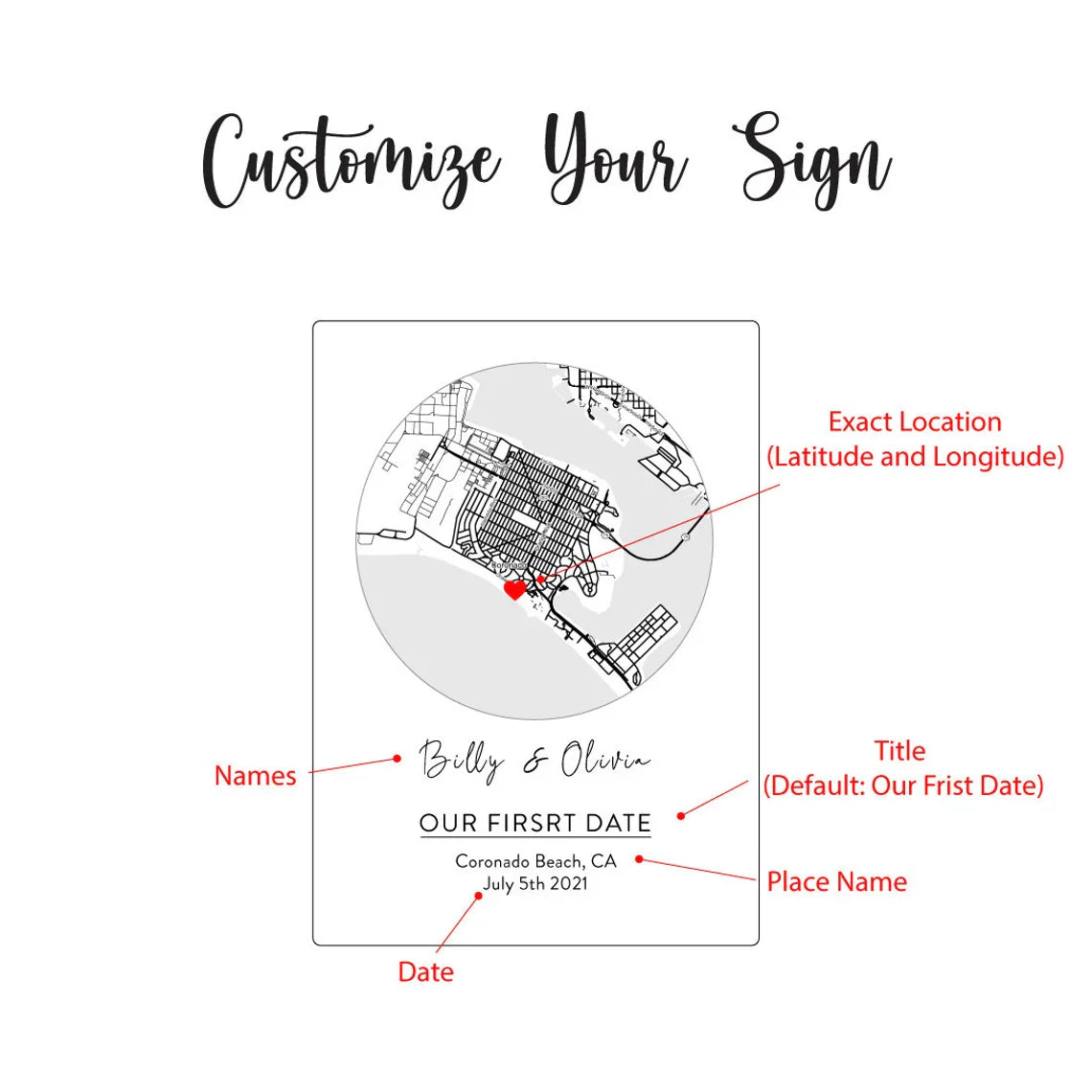 Personalized where we met map sign with custom coordinates and names