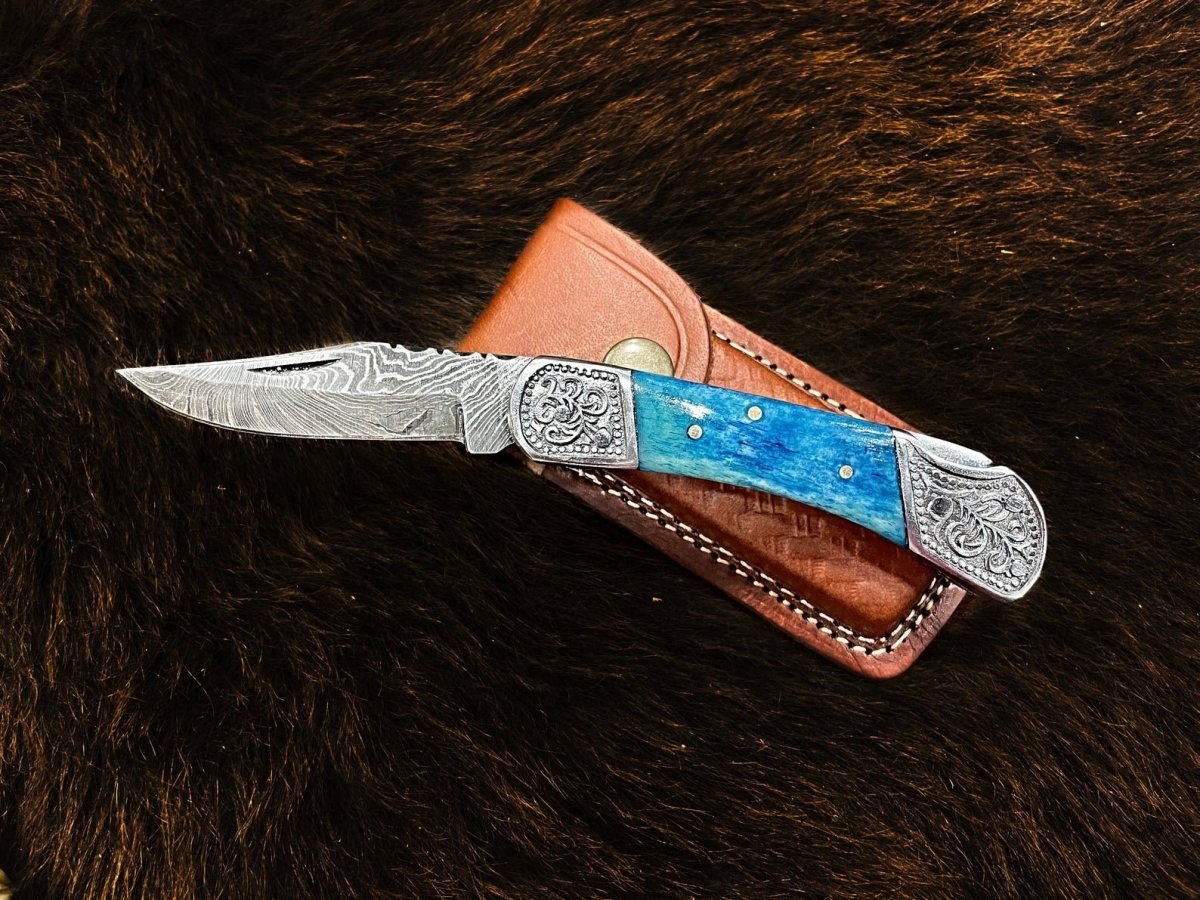 Dyed Blue Bone Damascus Pocket Knife - Damascus Knife - GroomsDay