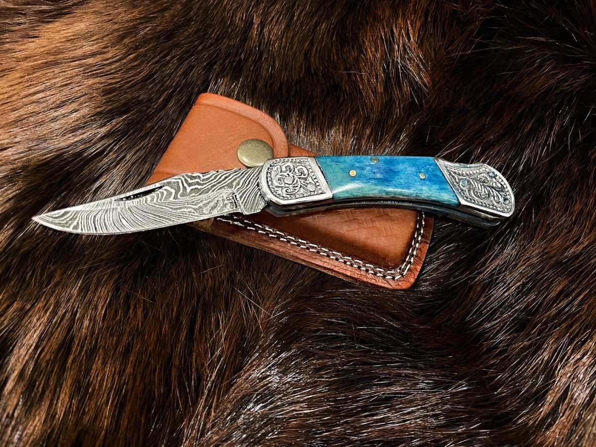 Dyed Blue Bone Damascus Pocket Knife - Damascus Knife - GroomsDay