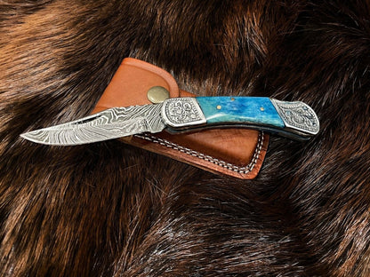 Dyed Blue Bone Damascus Pocket Knife - Damascus Knife - GroomsDay