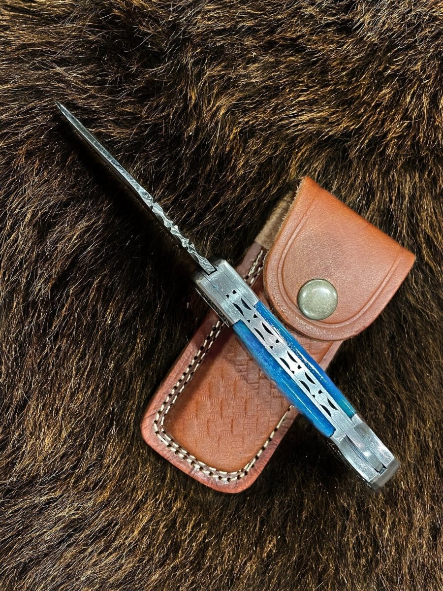 Dyed Blue Bone Damascus Pocket Knife - Damascus Knife - GroomsDay