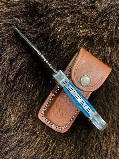Dyed Blue Bone Damascus Pocket Knife - Damascus Knife - GroomsDay