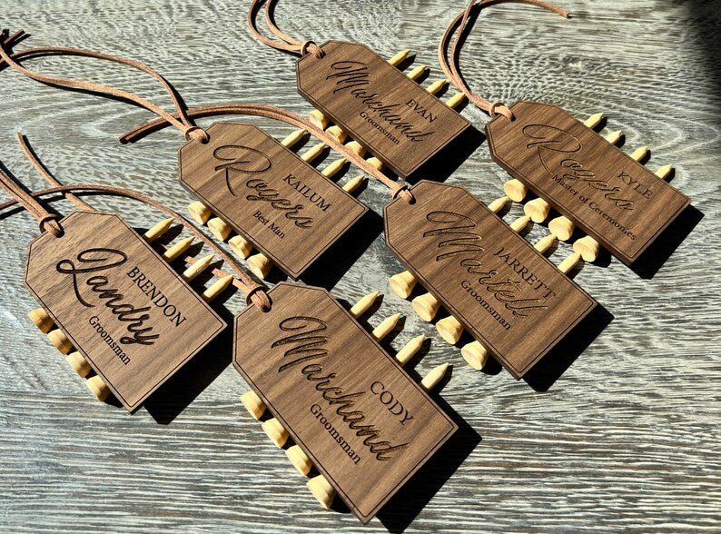 Personalized wooden golf bag tag with built-in tee holder