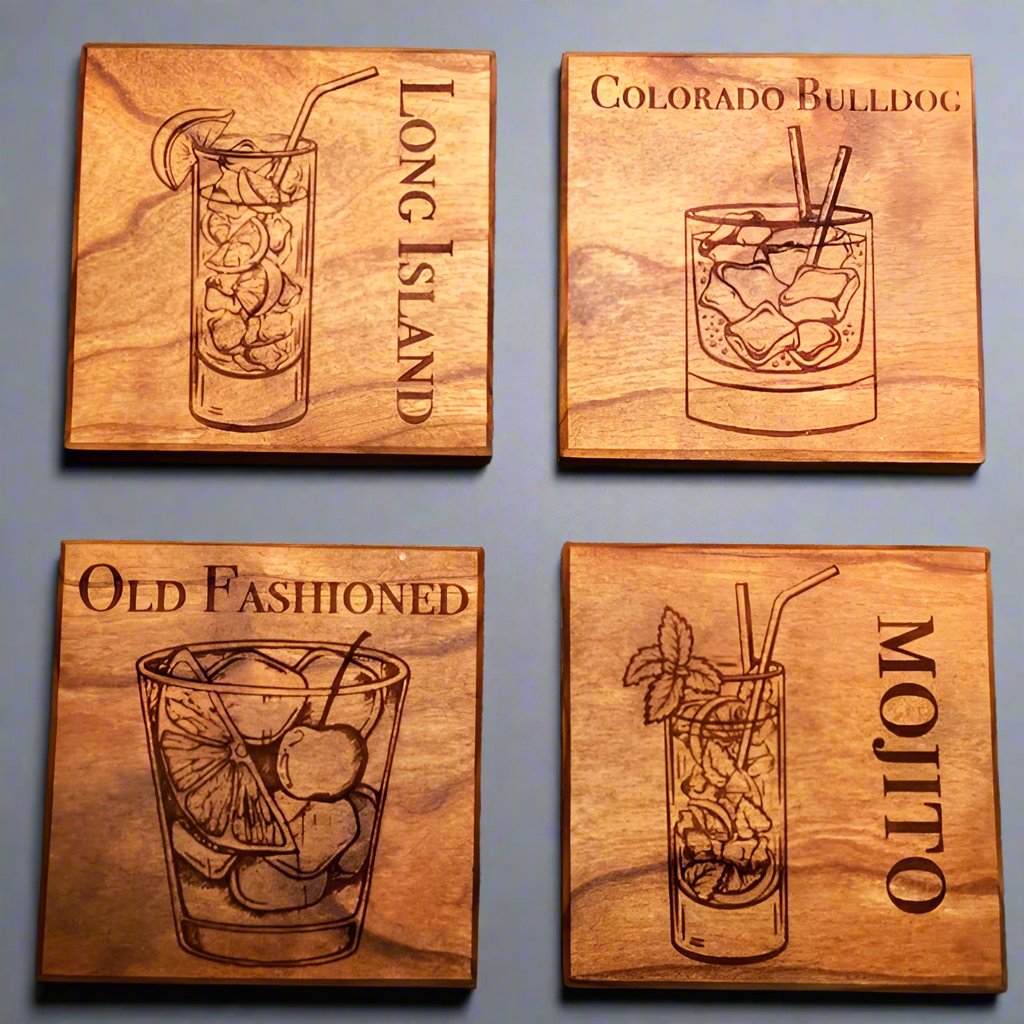 Wooden Coasters with Different Cocktail names and Recipes on back