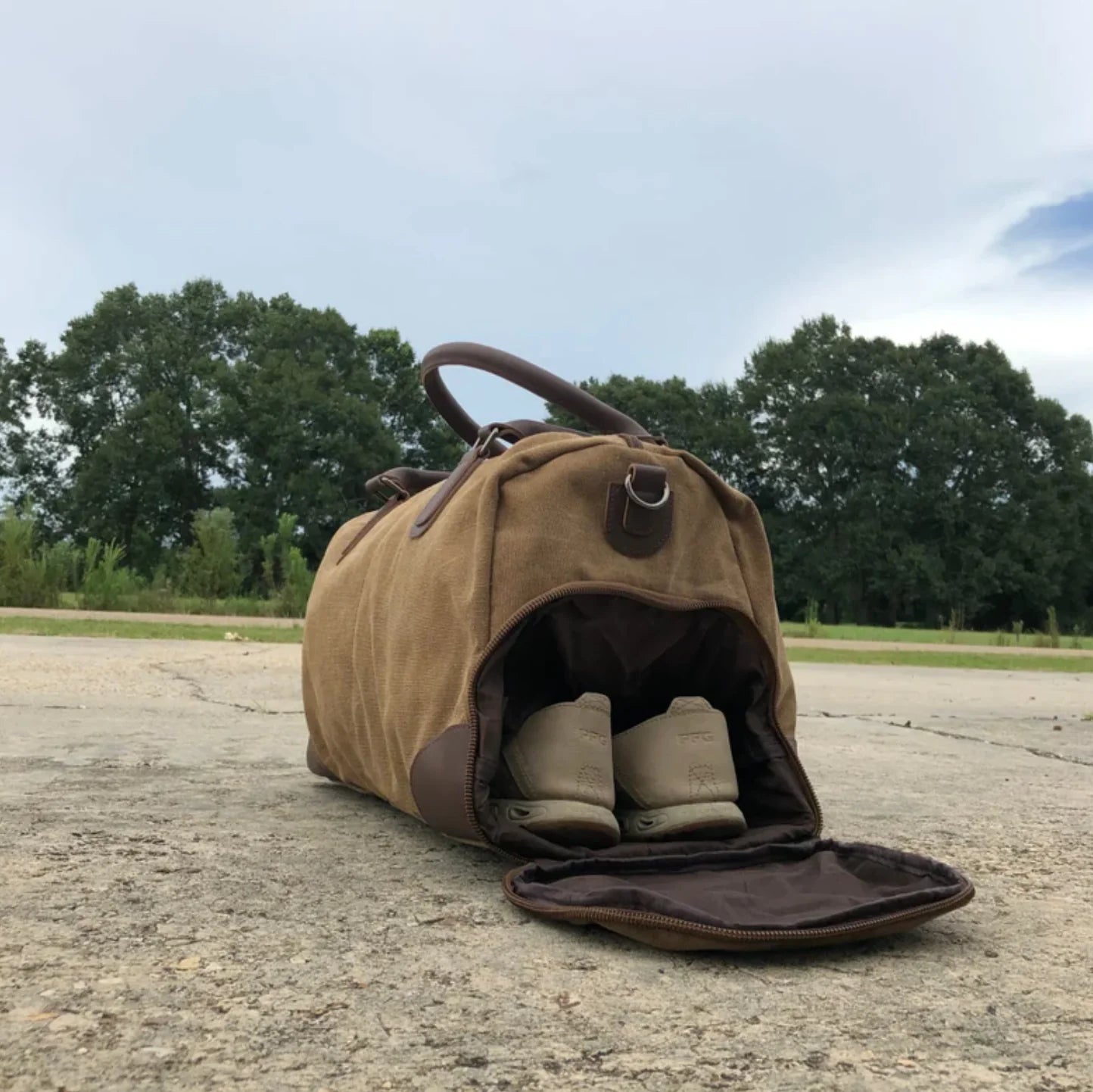 Personalized leather duffel bag with shoe compartment