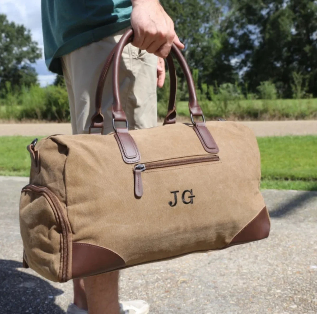 Personalized leather duffel bag with shoe compartment