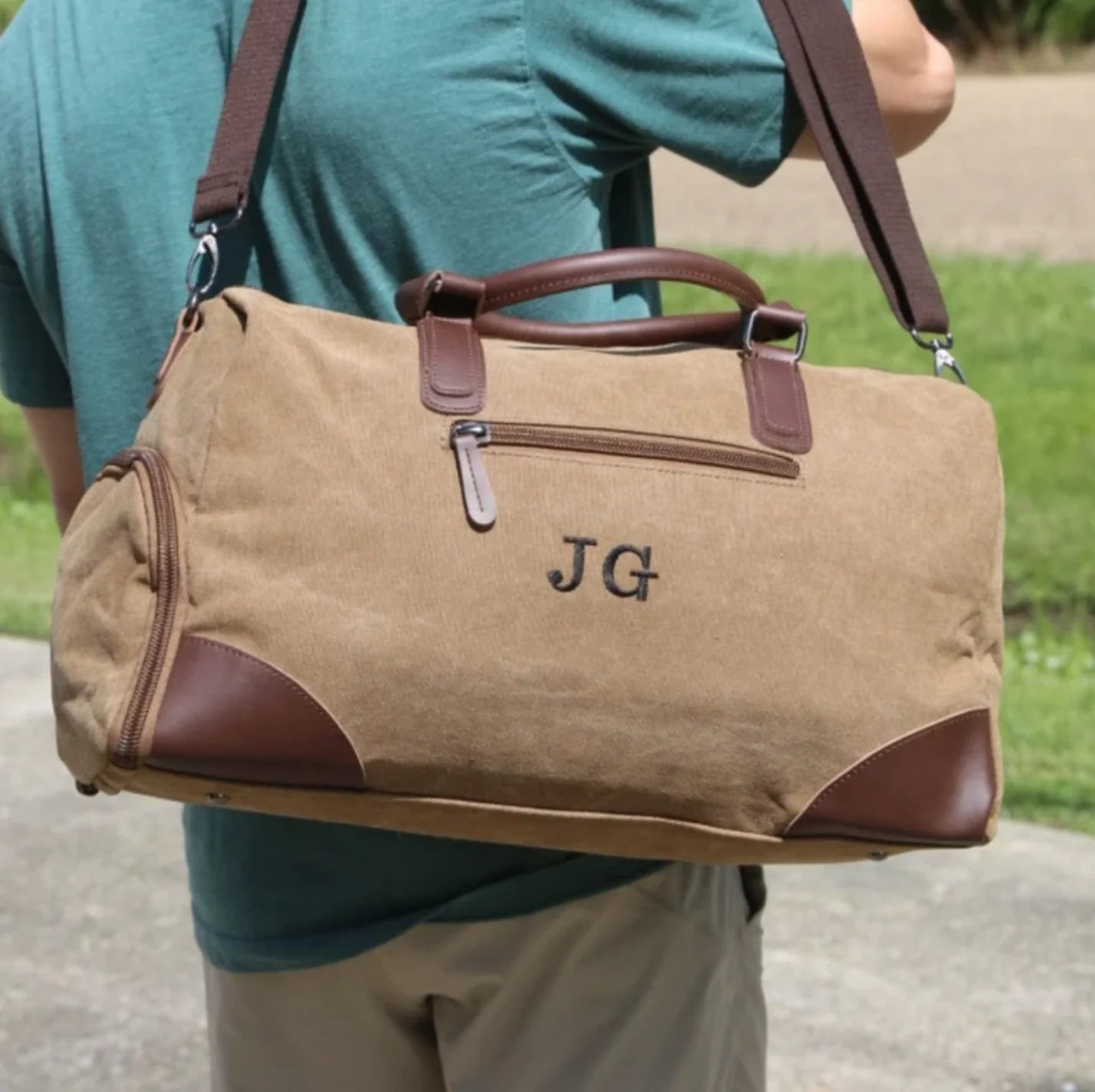 Personalized leather duffel bag with shoe compartment