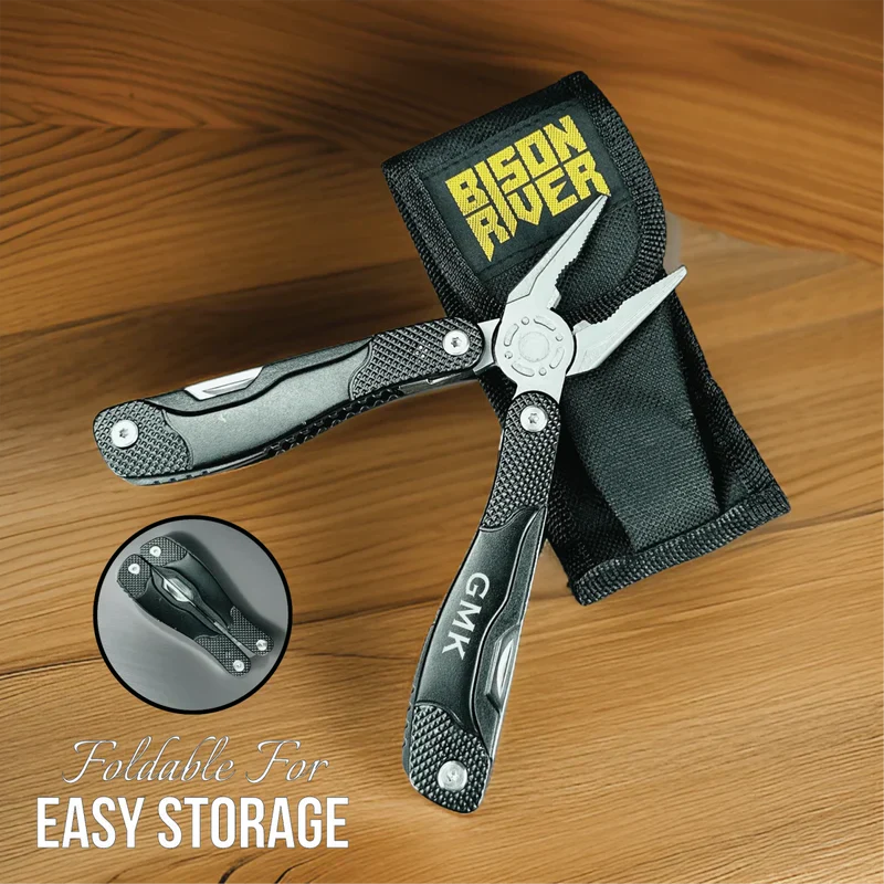 Engraved multi-tool with "Bison River" sample text on black nylon sheath, displayed open on wood surface with folded storage detail callout.
