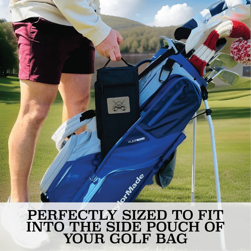 Black neoprene golf bag cooler with embroidered skull design attached to blue golf bag side pouch, shown on course with golfer holding flask.