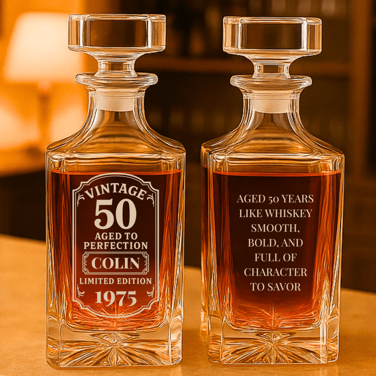 Two vintage whiskey decanters with engraved text on a wooden surface.