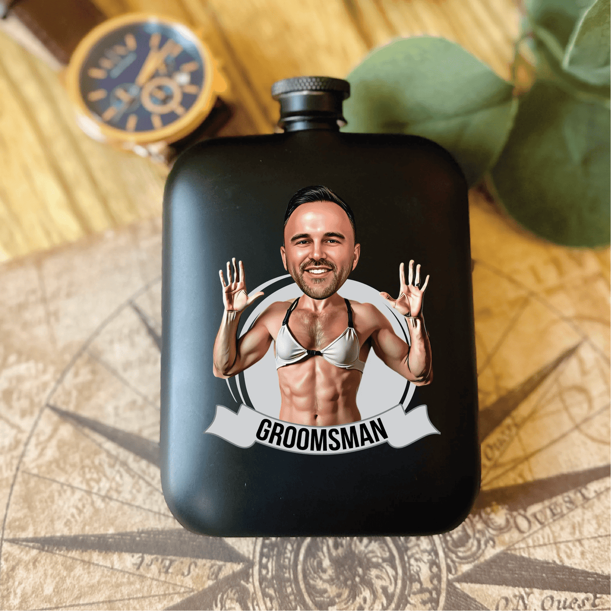 personalized funny groomsmen flask with caricature face of guys of wedding party