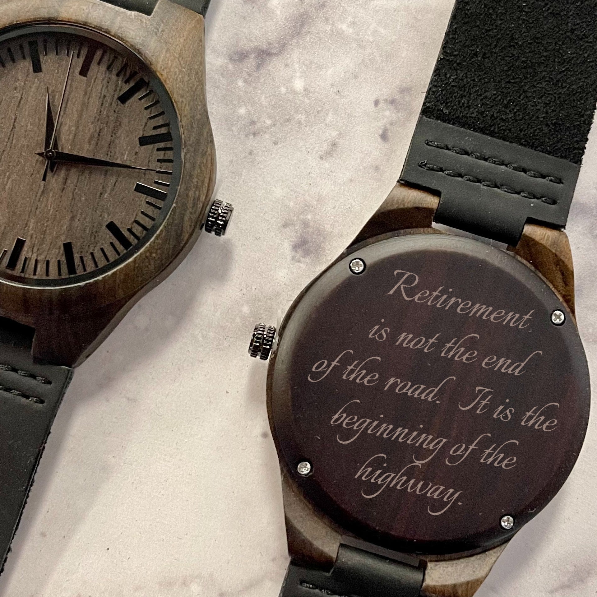 Personalized wood watch crafted from premium Sandalwood with custom engraving on the back, featuring a genuine leather strap, Japanese Quartz movement, and elegant wooden gift box – perfect for anniversaries, birthdays, or special occasions retirement gift for men