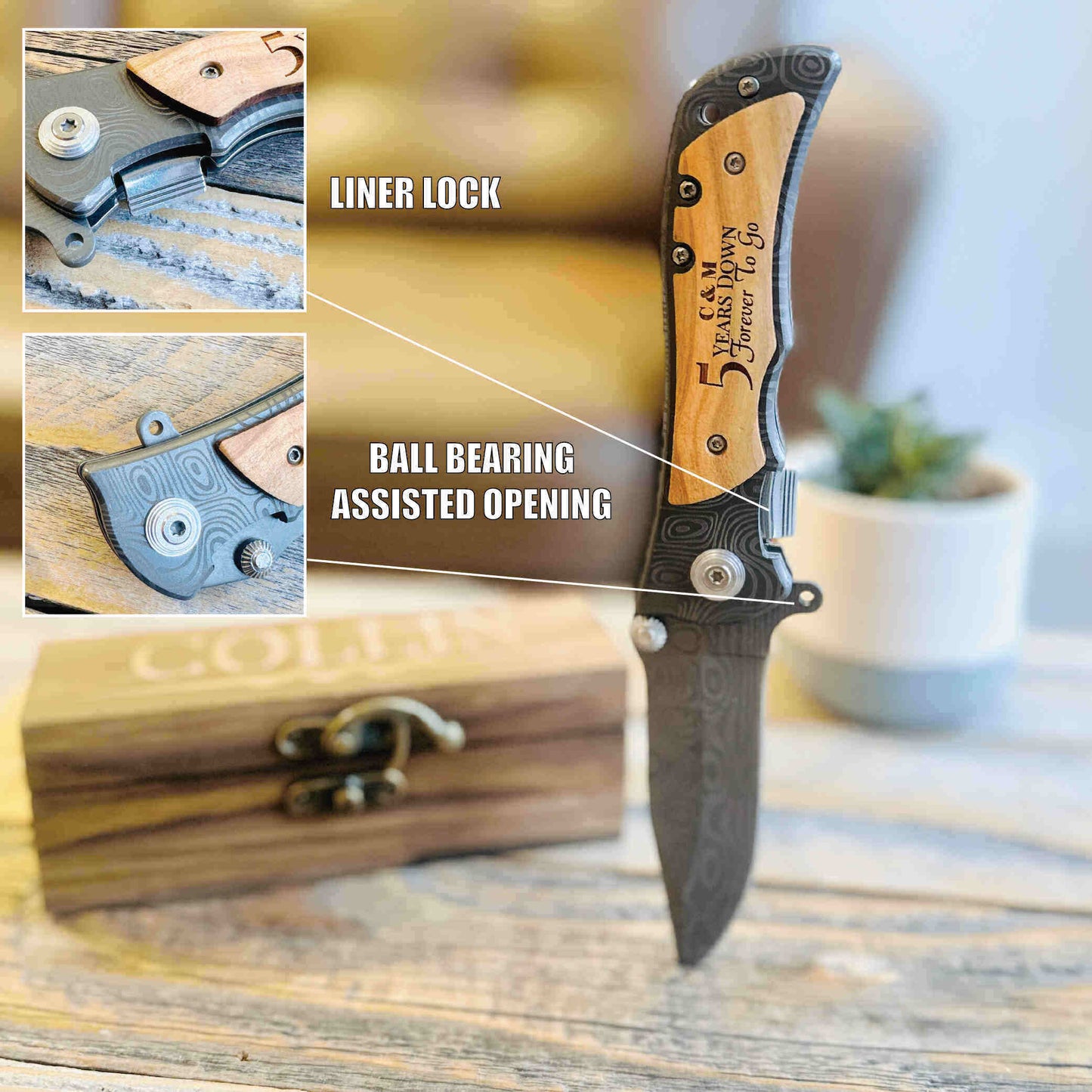 Engraved pocket knife with wood handle featuring liner lock and ball bearing assisted opening mechanism, displayed with detail close-ups and wooden gift box.