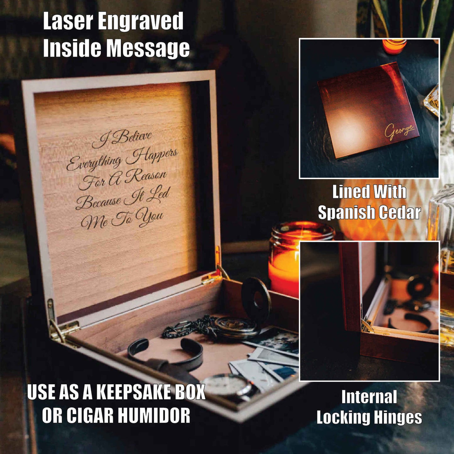 Wooden box with engraved sample message inside lid, Spanish cedar lining, and internal locking hinges, displayed open with accessories