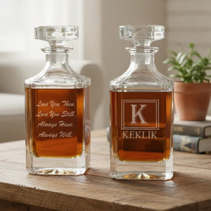 clear glass decanter with engraved text, meaningful gift for him