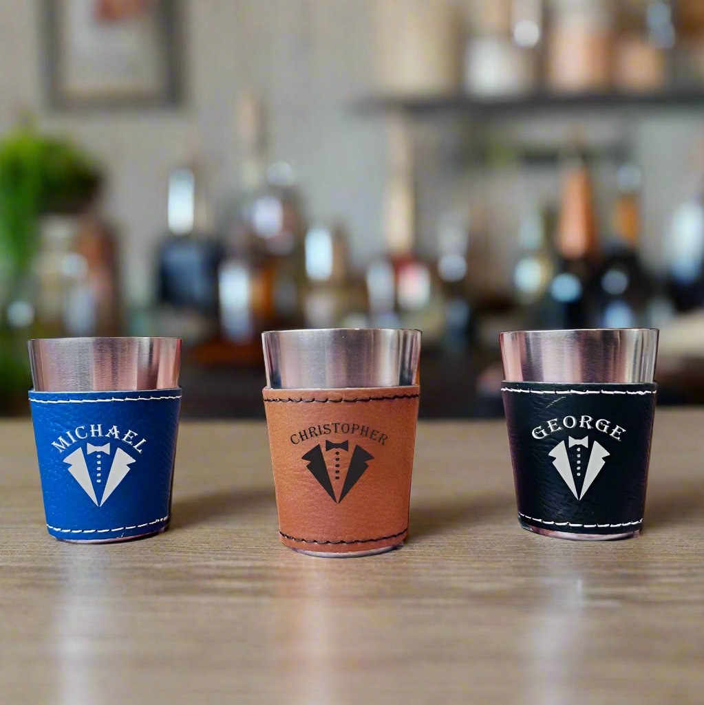 Personalized Silver Metal Tuxedo Shot Glass leather