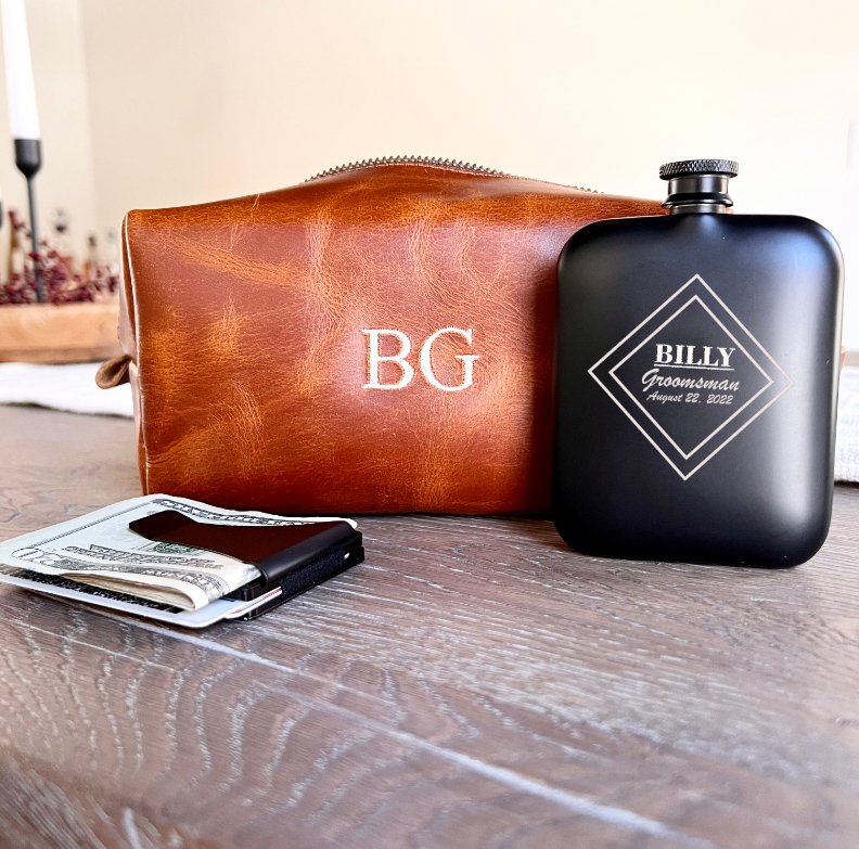 The Essential Groomsmen Gift Set - Toiletry Bag, Wallet, & Flask Gift Set