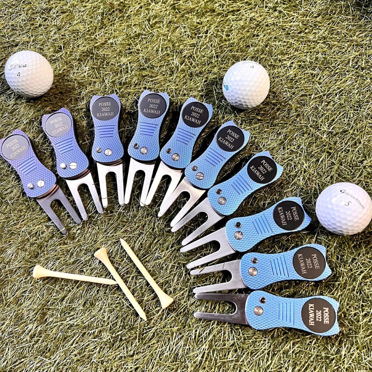 Half Circle Of Personalized blue Divot Tools 