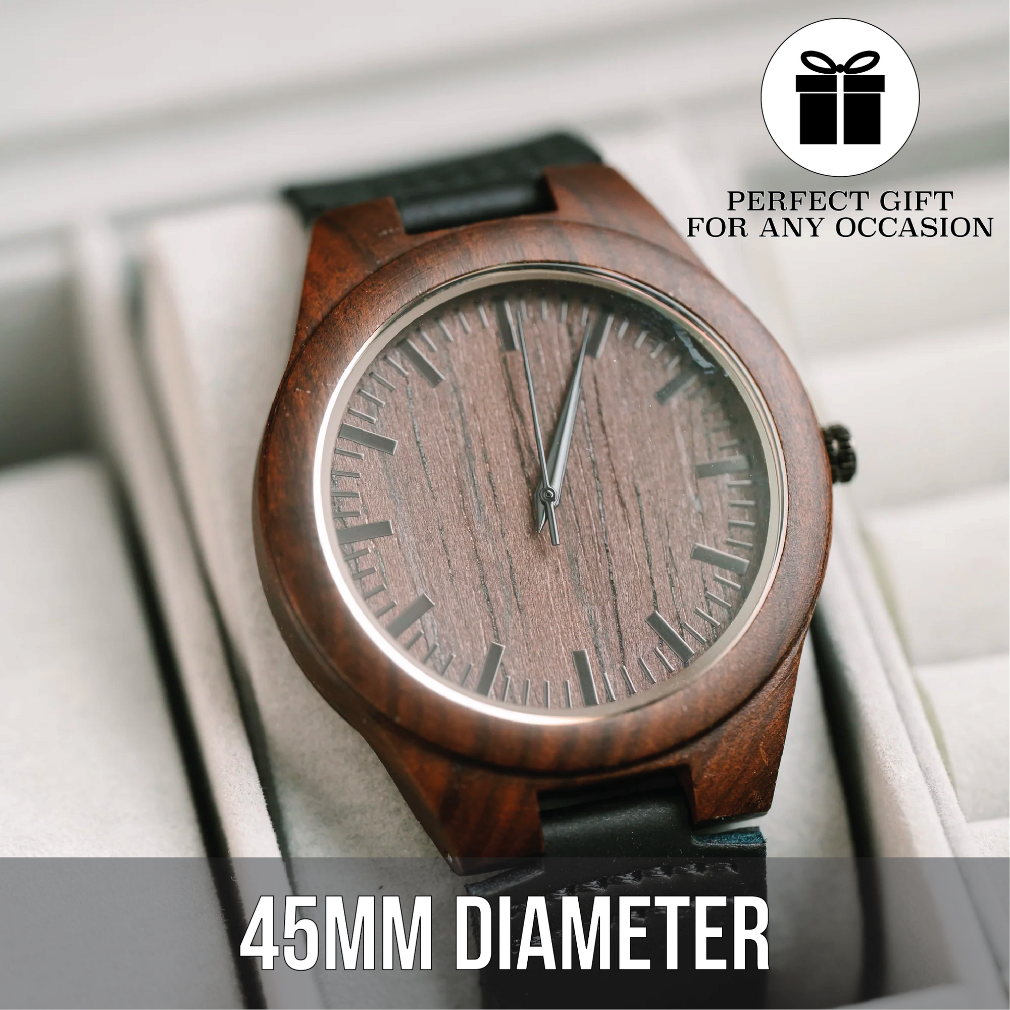 Personalized wood watch crafted from premium Sandalwood with custom engraving on the back, featuring a genuine leather strap, Japanese Quartz movement, and elegant wooden gift box – perfect for anniversaries, birthdays, or special occasions.