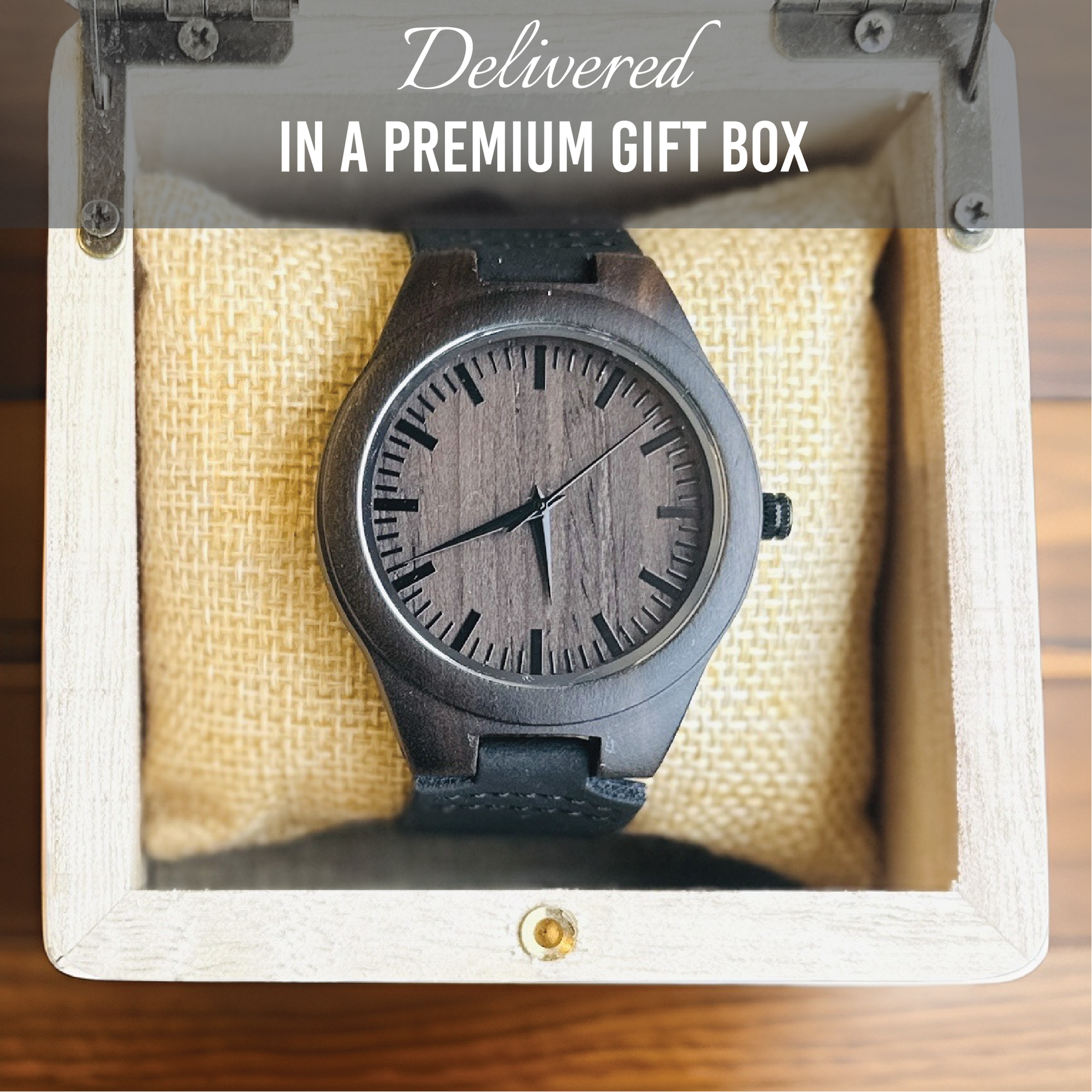 Personalized wood watch crafted from premium Sandalwood with custom engraving on the back, featuring a genuine leather strap, Japanese Quartz movement, and elegant wooden gift box – perfect for anniversaries, birthdays, or special occasions