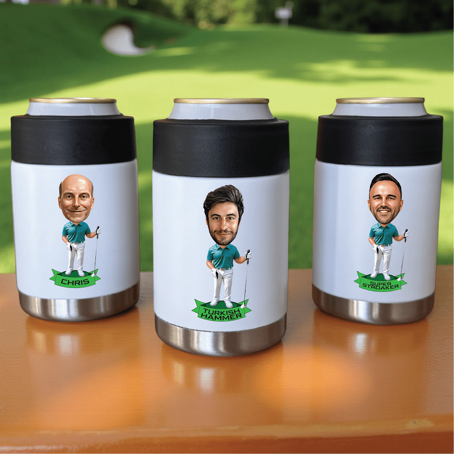 Personalized Golfer Caricature Can Cooler - Personalized Koozie - GroomsDay