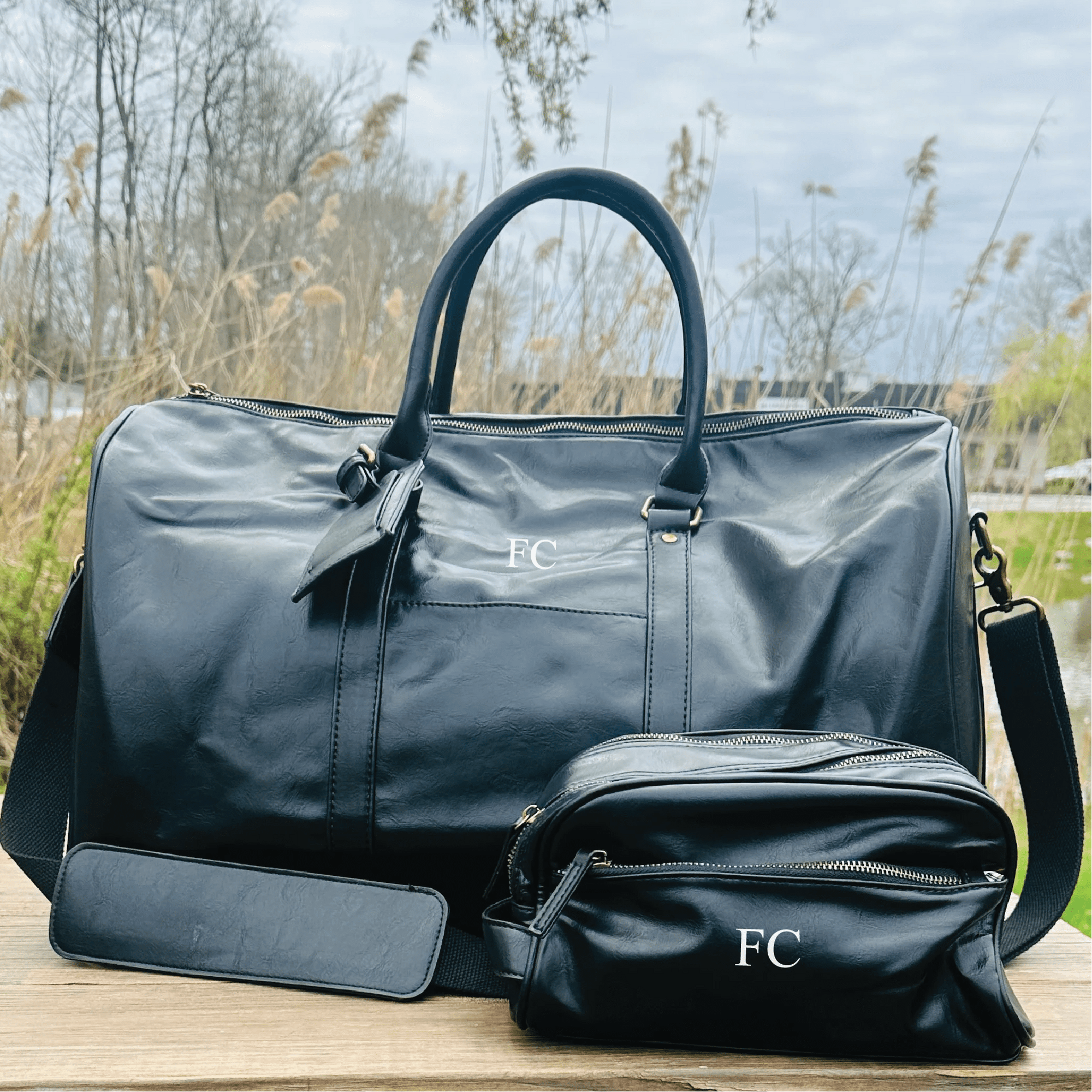 Personalized vegan leather duffle and toiletry bag set