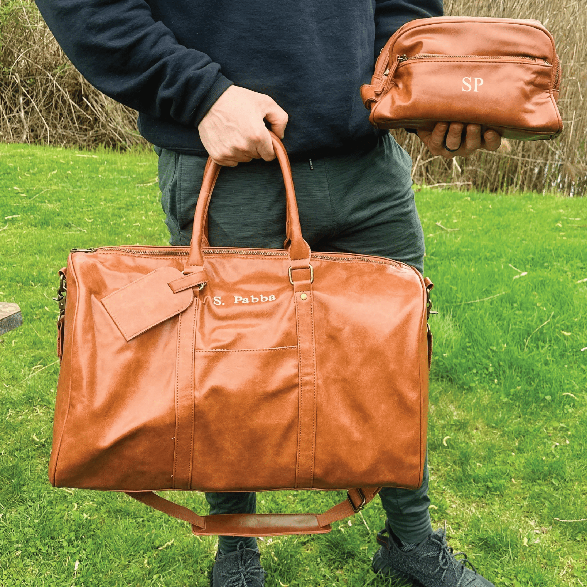 Personalized vegan leather duffle and toiletry bag set