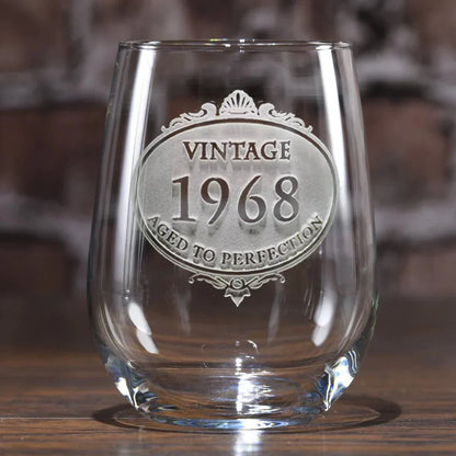 Engraved Vintage Year Stemless Wine Glass - Drinkware - GroomsDay