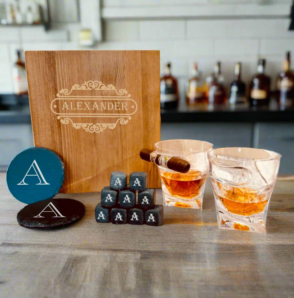 Personalized Whiskey Glass and Stones Gift Set with Cigar Rest