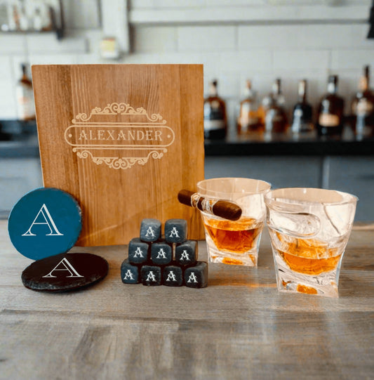 Elegant Personalized Whiskey Glass and Stones Set - Gift Set - GroomsDay