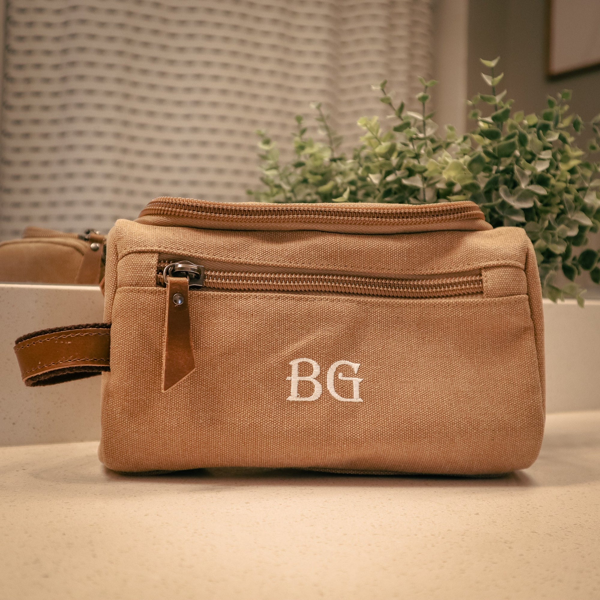 Monogrammed Toiletry Bag for Men - Canvas with Leather Straps