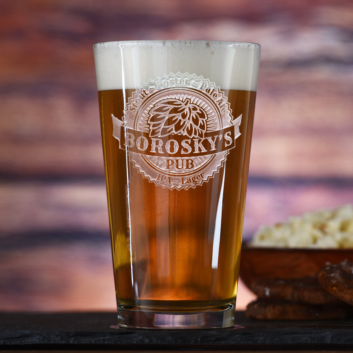 Engraved Hops Beer Pub Glass