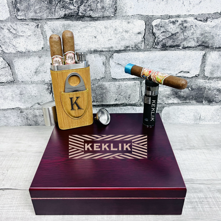 Groomsmen Cigar Box Set with Cigar Holder, Lighter, Cutter, and Flask -  Groovy Groomsmen Gifts