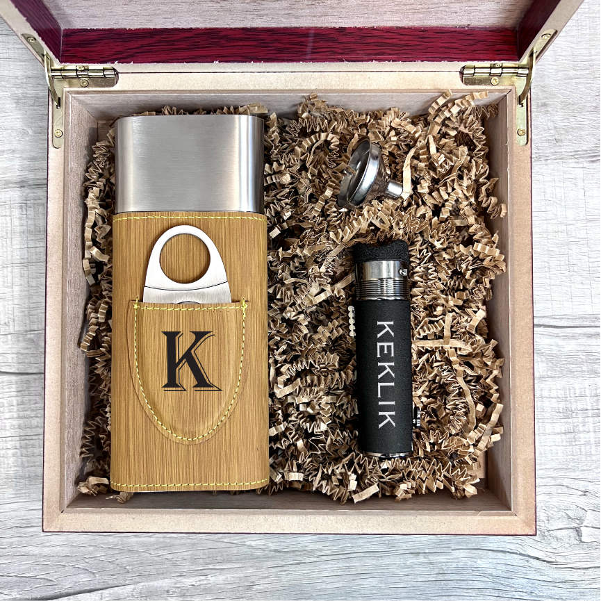 Groomsmen Cigar Box Set with Cigar Holder, Lighter, Cutter, and Flask -  Groovy Groomsmen Gifts