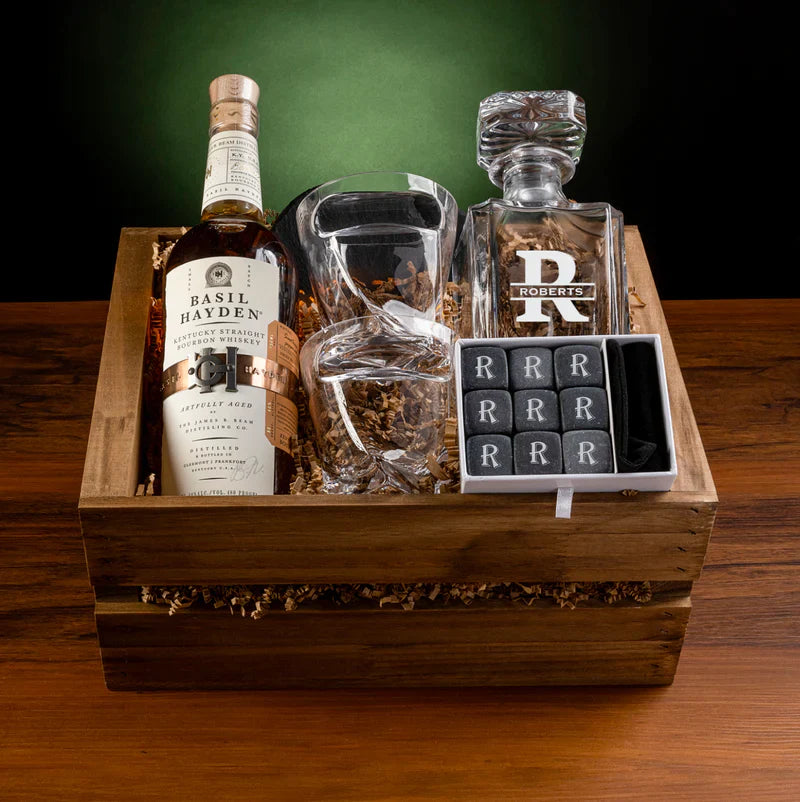 Whiskey Crate Gift Set with Personalized Decanter, Whiskey Stones, Glasses, and Coasters