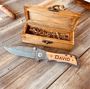 Personalized Knife in Custom Box - Folding Damascus Pattern Knife with Wood Handle