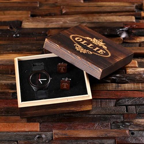 Black Bamboo Wooden Groomsman Watch and Cufflinks