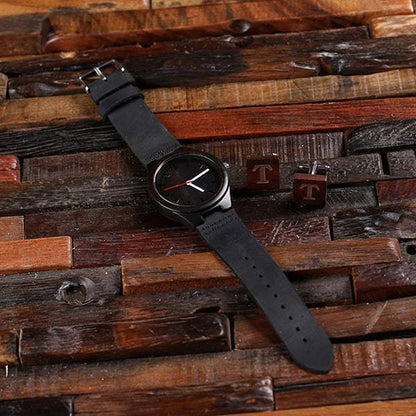 Black Bamboo Wooden Groomsman Watch and Cufflinks