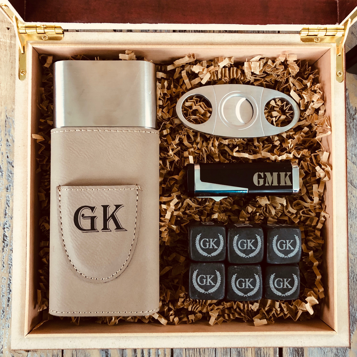 Cigar Gift Set with Humidor, Carrying Case, Cutter, &amp; Whiskey Stones Groovy Laser