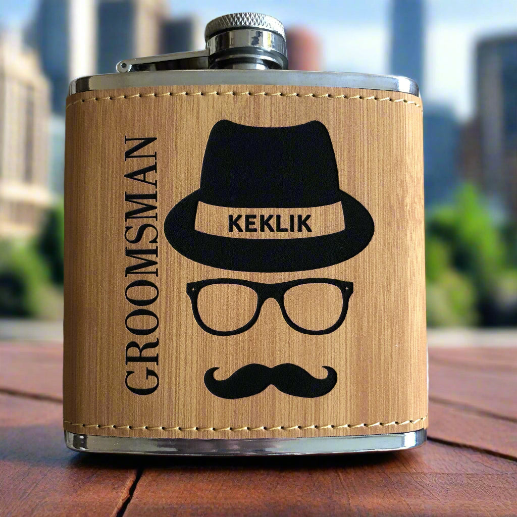 Engraved Flask with Faux Leather Wrapping Mustache Personalized Tan