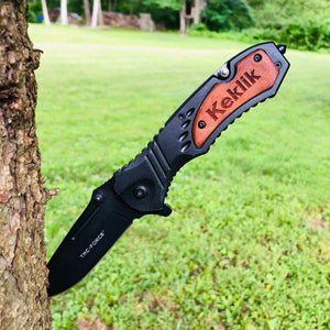Black Utility Knife, Wooden Engraved Handle 