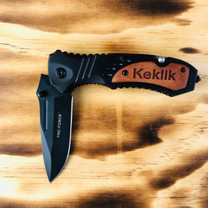 Black Utility Knife, Wooden Engraved Handle 