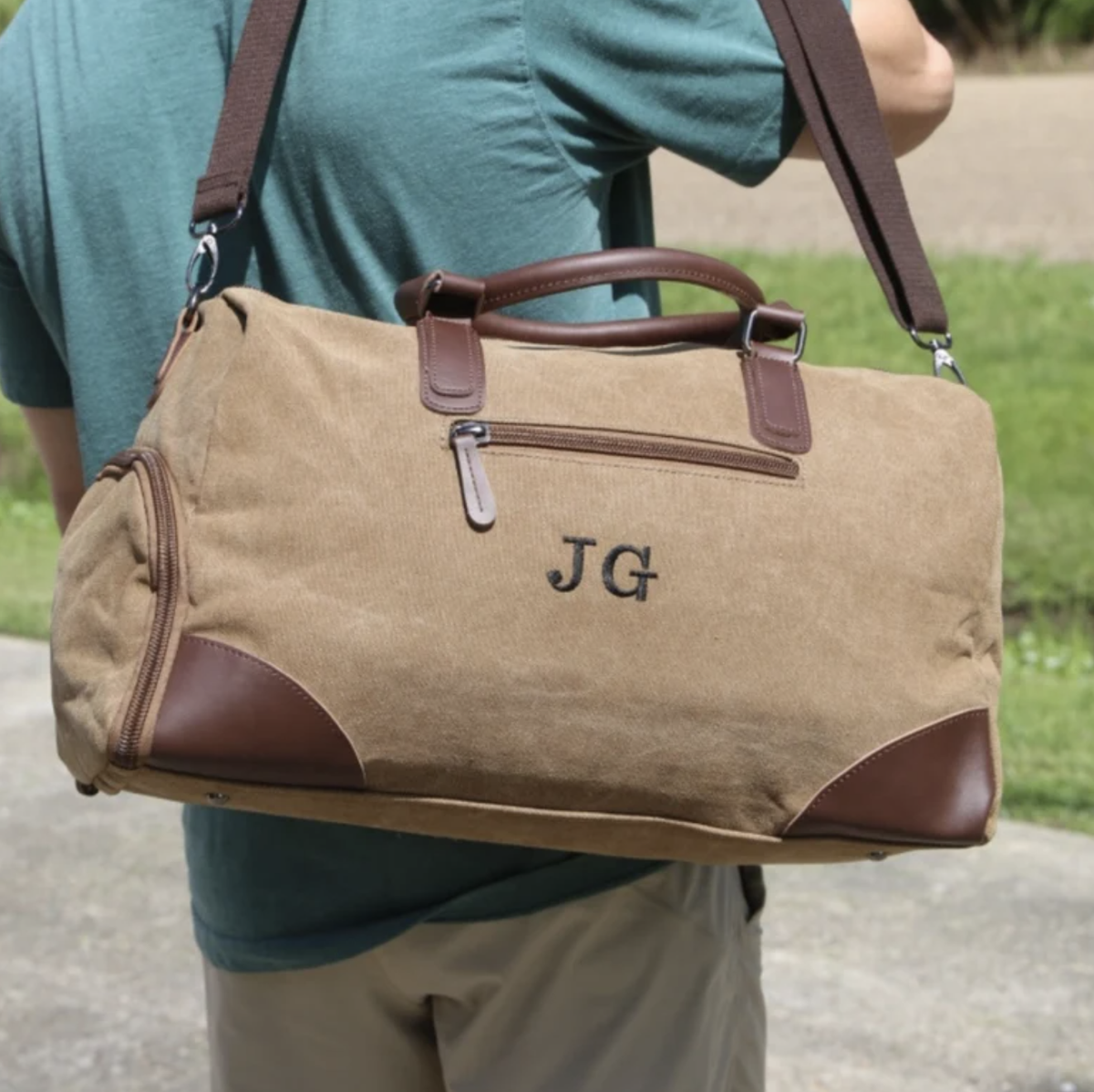 Monogrammed Round Duffle Bag | Personalized Canvas and Leather Travel  Weekender Tote